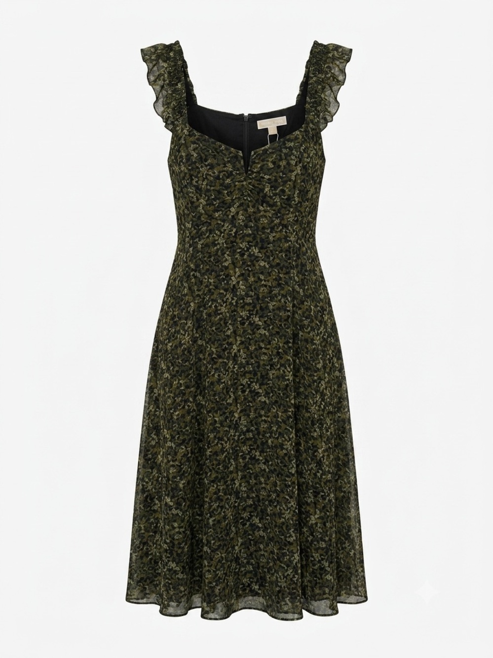 NWT Michael Kors Green Black Flutter Floral Chiffon Fairy Ruffle Sleeve Dress 12